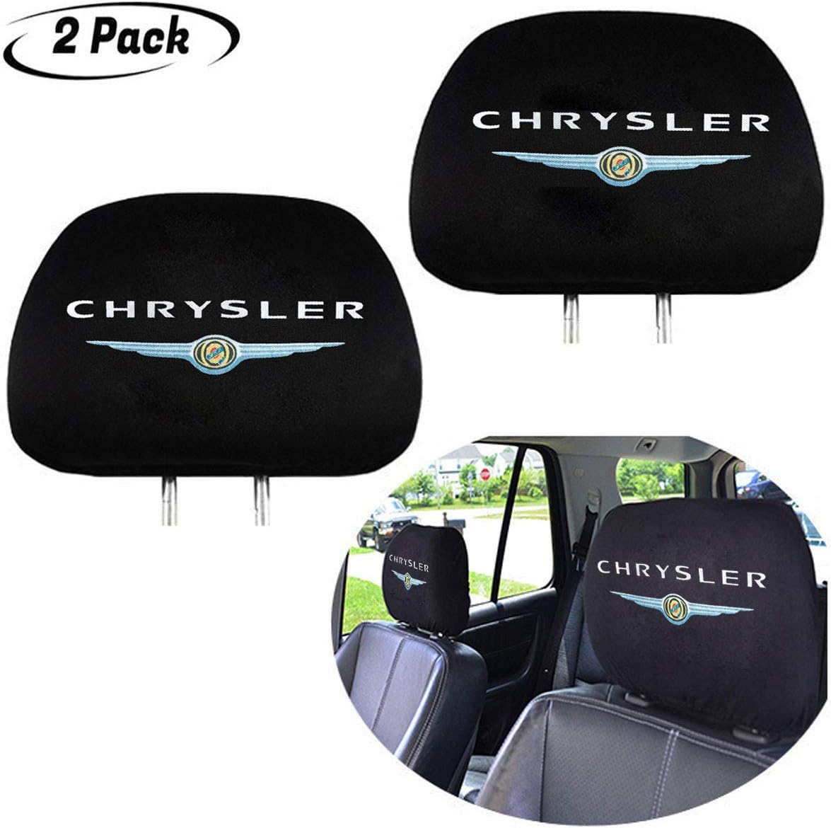 2Pcs Black Fabric Headrest Covers for Chrysler, Soft Elastic Fabric Universal Headrest Cover fits for 2001-2010 Chrysler Sebring Series, 2005-2018 Chrysler 300 Series, 2011-2014 Chrysler 200 Series.