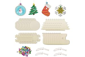Hidreas 40PCS Christmas Crafts Unfinished Wooden Christmas Ornaments Kit, DIY Ornaments Crafts with 40PCS Colorful Bells and 40PCS Wax Rope for Holiday Decoration and DIY Craft Making