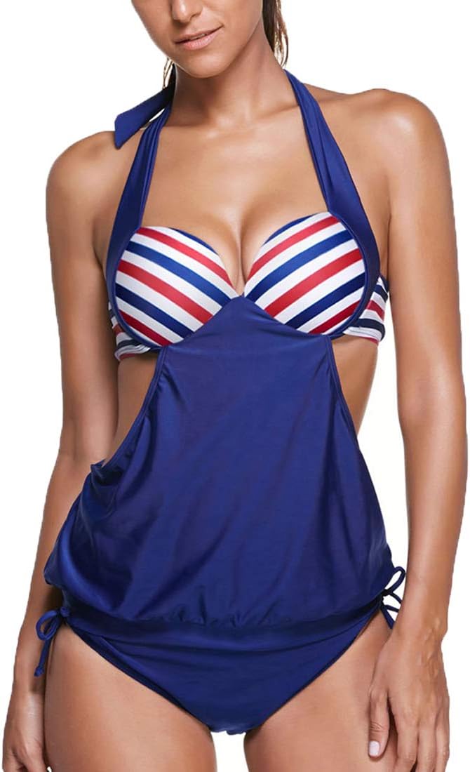 TheShoppingDiary 2pcs Stripes Double Straps Tankini Swimsuit