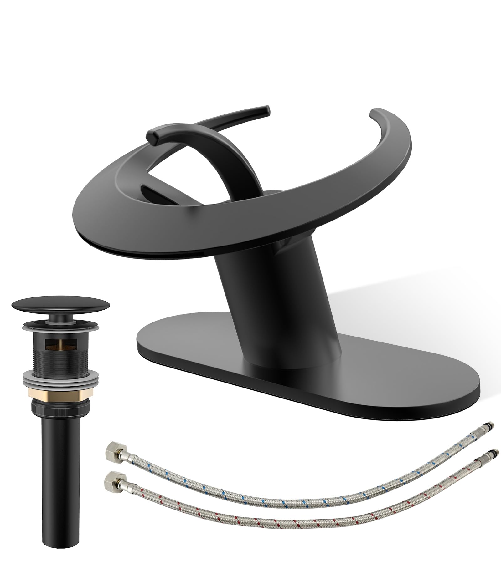 Photo 1 of Black Bathroom Faucet Single Handle, AUU Matte Black Single Hole Bathroom Sink Faucet Waterfall Vanity Faucet with Pop up Drain Assembly, Deck Plate Included