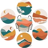 Boho Coasters Bohemian Absorbent Coasters for Drinks Mountain Sun and Moon Ceramic Holders with Cork Base for Coffee Table Housewarming Birthday Gifts Set of 6