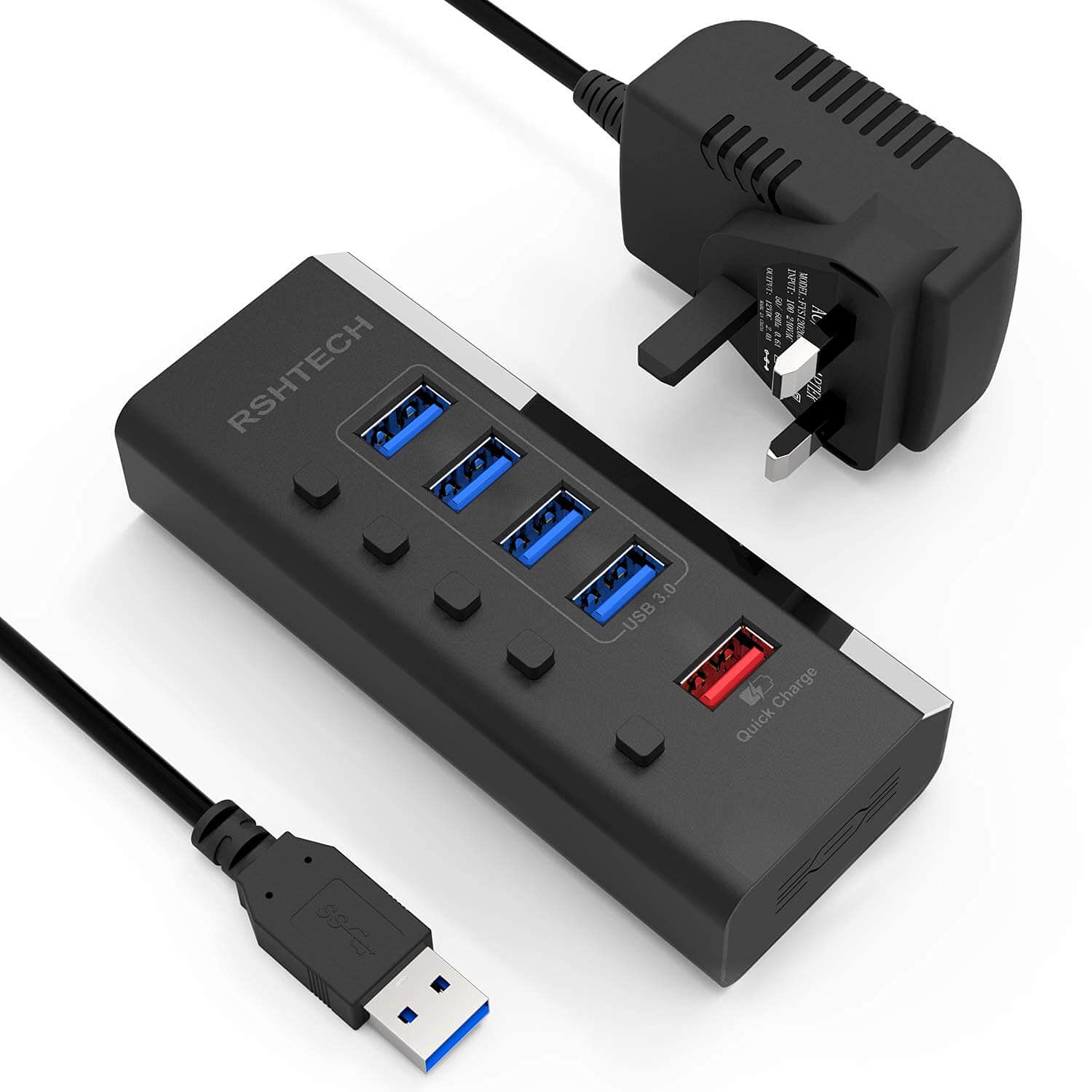RSHTECH Powered USB Hub 3.0, 5-Port USB 3 Dock with 4x USB3.0 Data Port + 1x Fast Charging Port Portable USB Splitter with 12V/2A 24W Power Supply (RSH-A35) โ image 1
