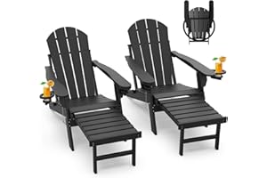 GREENVINES Adirondack-Chairs-with-Ottoman | Set of 2 | Folding | Retractable-Footrest | HDPE Plastic | All Weather Fire Pit Chair | Cup Holders | Black | for Outdoor Poolside