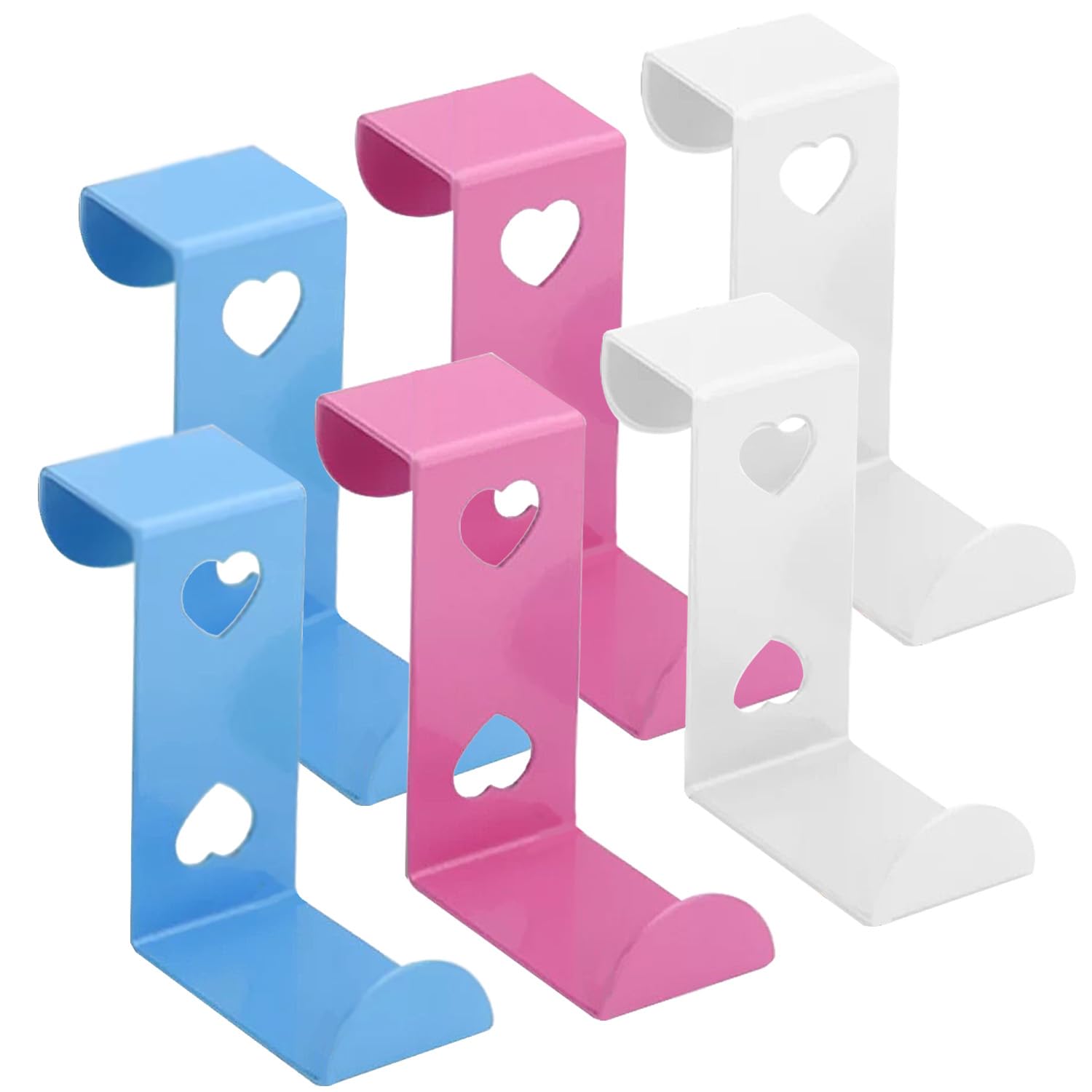 WUBAYI 6Pack Over Door Hangers & Hooks, Stainless Steel Heart-Shaped Heavy-Duty Hangers for Coats, Towels, Bags, Fits Bedroom, Bathroom, Wardrobe Doors (Pink/Blue/White)