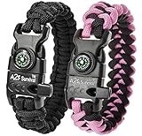 A2S Paracord Bracelet K2-Peak – Survival Gear Kit with Embedded Compass, Fire Starter, Emergency Knife & Whistle – Pack of 2 - Quick Release Slim Buckle (Black / Pink 7.5
