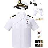 8PCS Yacht Captain Sailor Costume Adult Shirt with Hat Epaulets Gloves Accessories Set for Halloween and Role Playing