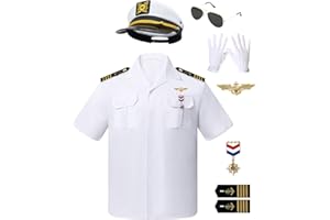 WOOHAND 8PCS Yacht Captain Sailor Costume Adult Shirt with Hat Epaulets Gloves Accessories Set for Halloween and Role Playing