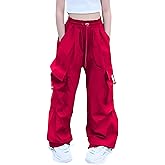 AOWKULAE Girls Cargo Pants Elastic Waist Drawstring Parachute Pants with Pockets, 5-14 Years