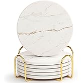 Acejoz Drink Coasters with Holder for Coffee Table, Absorbent Coasters Set of 6, Marble Style Ceramic Coaster for Wooden Table, Suitable for Kinds of Cups, Home Decor, 4 Inches(White)