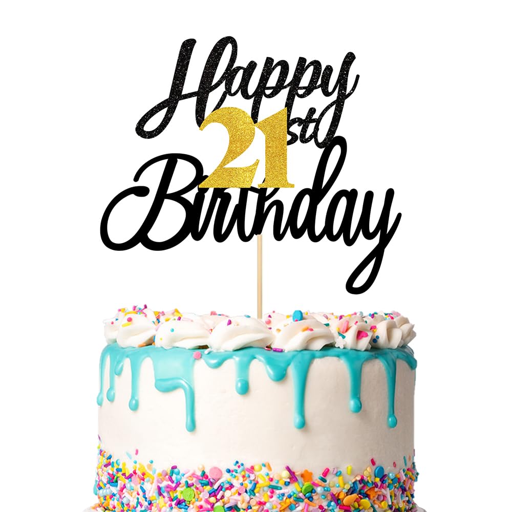 Photo 1 of 1 PCS Happy 21st Birthday Cake Topper Black Gold Glitter, Happy 21st Birthday Party Cake Decorations for Her & Him