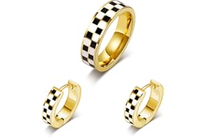 LUCKYAMOR Checkered Jewelry Set for Women - 18K Gold Plated Stainless Steel Checkerboard Ring & Black and White Checkered Hypoallergenic Chunky Huggie Hoop Earring, Gift-Ready Packaging for Mother's Day Valentine's Day