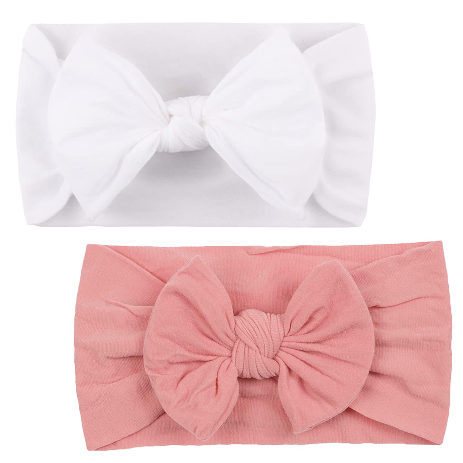 2Pcs Newborn Headbands - Soft Baby Girl Bows, 6-12 Months (Pink and White) — image 1
