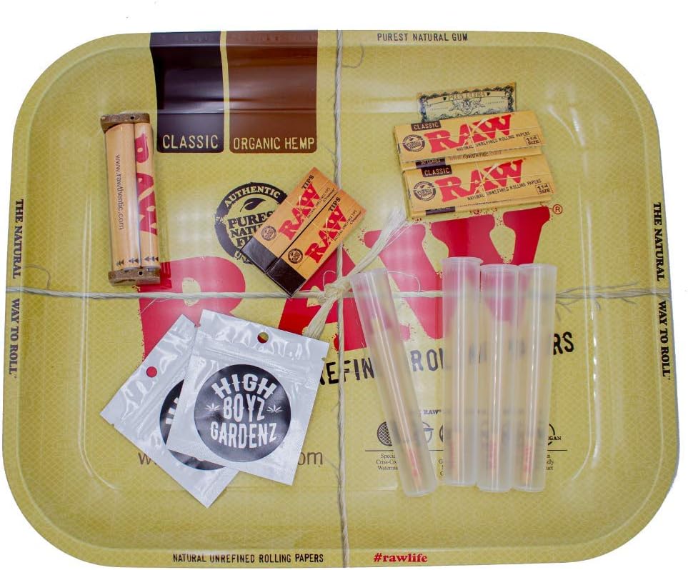 Raw Rolling Tray Large Bundle with Raw 79mm Roller, Raw 1 1/4 Rolling Papers, Raw Tips, Raw 1 1/4 Cones + Packing Stick, Mylar Bags