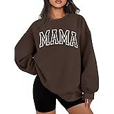 ELDPS Mama Sweatshirts for Women Embroidered Mama Shirt Oversized Mom Crewneck Pullover Hoodies Long Sleeve