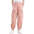 Kimoda Girls Cargo Pants Elastic Waist Casual Jogger Pants for Girls Streetwear Loose Parachute with Pockets 7-14Years