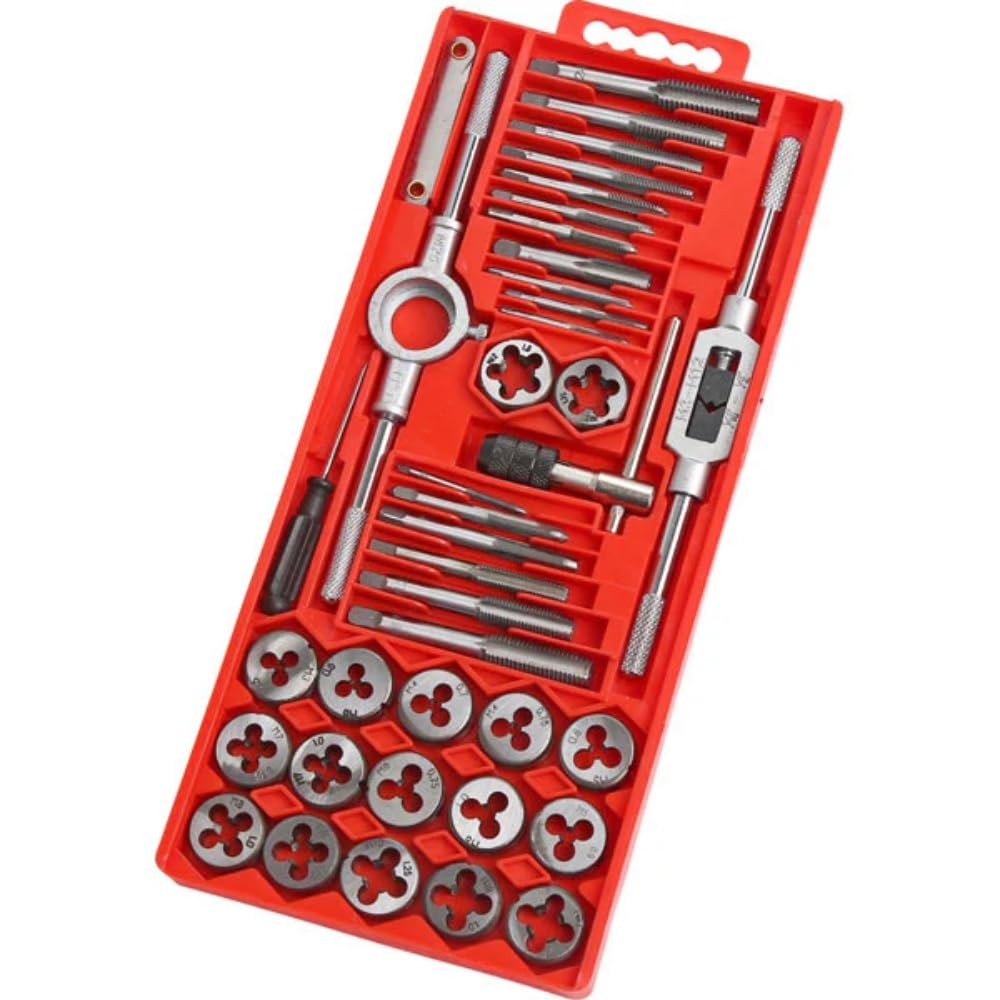 Neilsen CT1426 40pc Tap and Die Set M3–M12 Metric and 1/8in x 27NPT Sizes with Die Wrench Tap Wrench M3–12 T-Type Screwdriver and Pitch Gauge