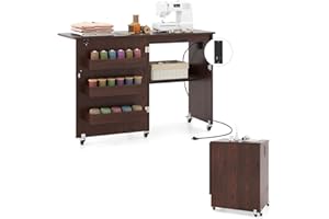 DORTALA Folding Sewing Table with Charging Station, Rolling Craft Station with 3 Storage Bins & Open Shelf, Mobile Sewing Machine Desk with Lockable Wheels for Home, Small Spaces (Brown)