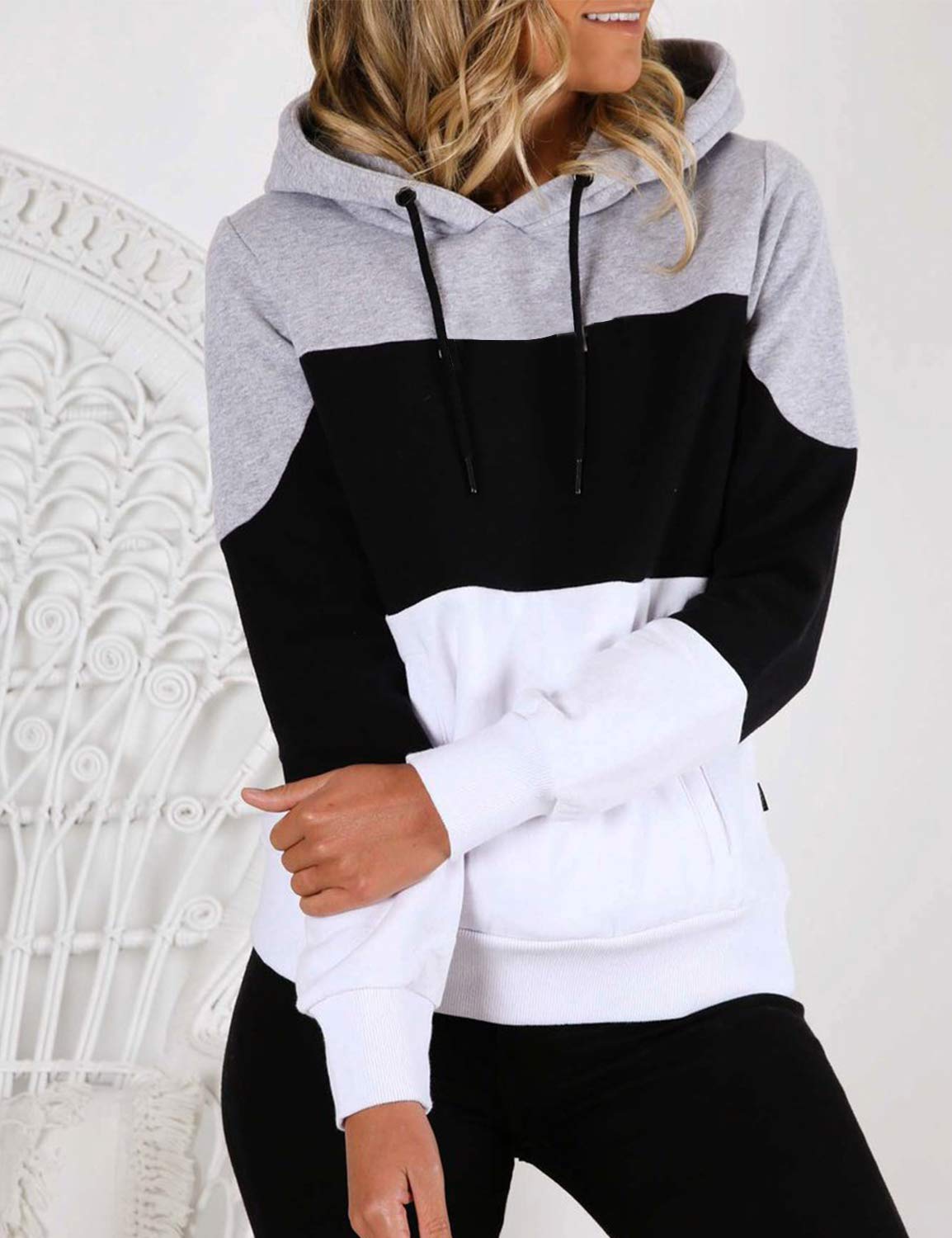 Blooming Jelly Womens Pullover Hoodie Long Sleeve Colorblock Terry Hooded Sweatshirt Top with Pocket(S,Black)