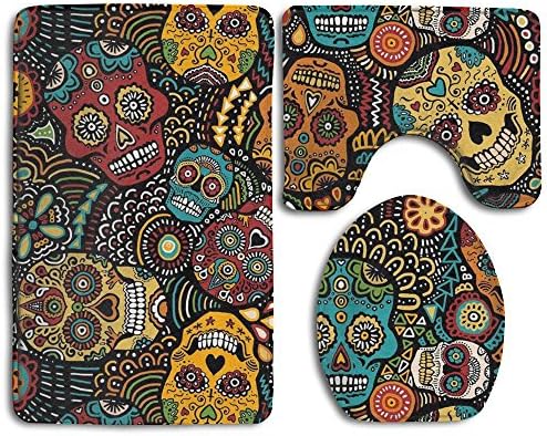 Mexican Sugar Skulls 3 Piece Bath Mat Set Toilet Rug Bathroom Contour Mat Non-slip Washable Rubber Backing
