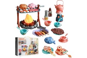 Pretend Play Campfire Toy Set with 45pcs Realistic BBQ Accessories,Fake Grill Foods,Tea Pots etc,Simulate Functional Lights&S
