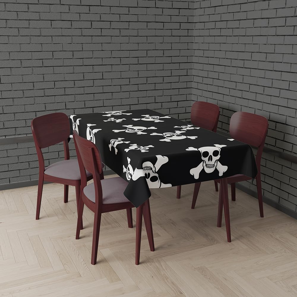 FIESTAS GUIRCA | Black Tablecloth with Skulls (53.9x107.9 in) - Table Decoration for Spooky Halloween Parties - Ideal for Frightening Celebrations - Black, White