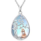 HPQQ Bunny/Mama bear/Koala/Sloth/Fox Necklace for Women Sterling Silver Teardrop Moonstone Tree of Life Pendant Necklaces Jewelry Christmas Gifts for Women Mom Her