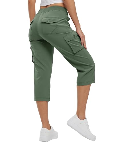 Pantalon Randonnée Femme 3/4 Léger - Pantacourt Été Large - Tissu Respirant UPF 50 - 4 Poches - Taille Élastique