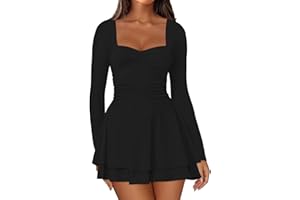 IWD Women's Square Neck Long Sleeve Mini Dress Ruched Corset Waist Tiered Ruffle Hem A Line Short Party Dresses