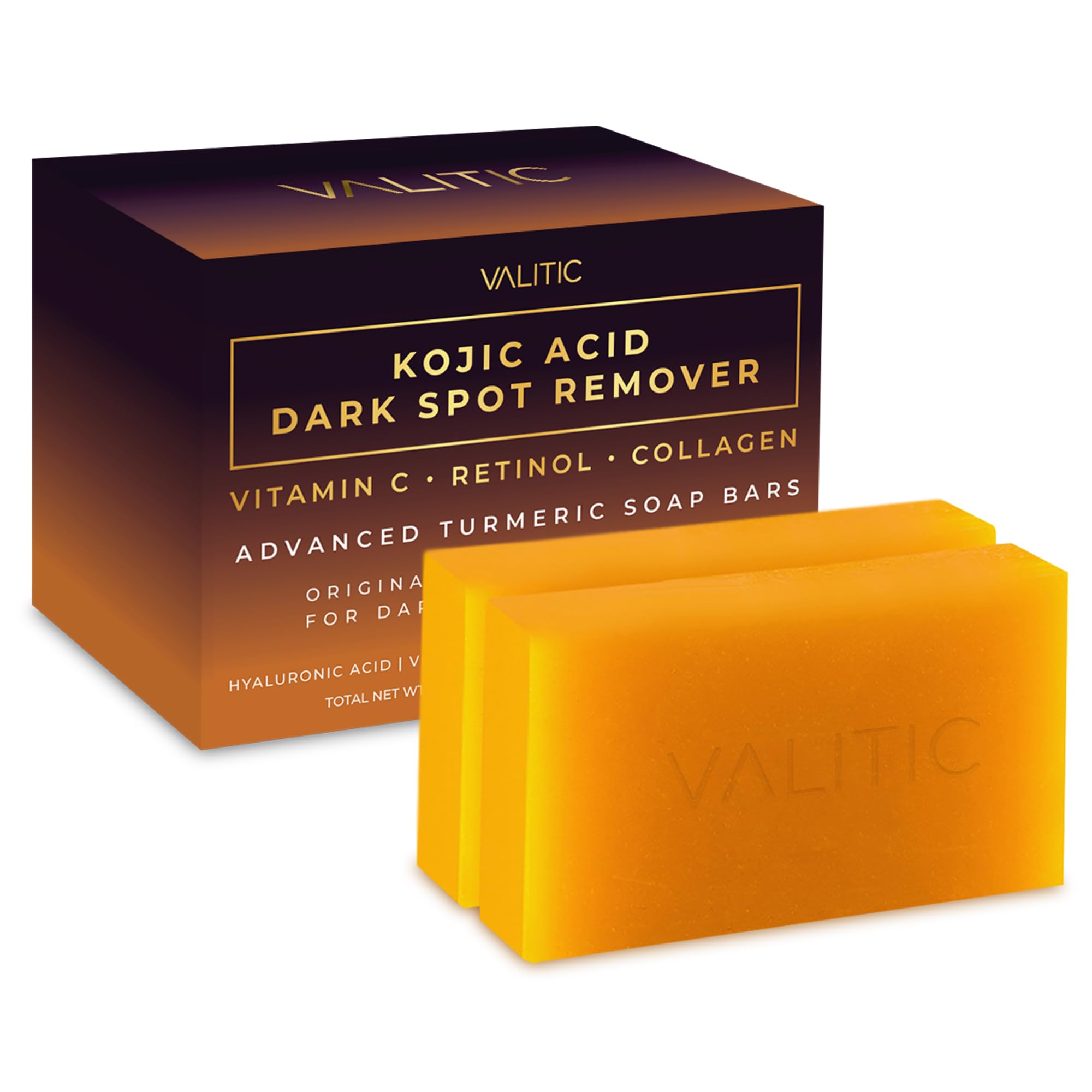 VALITIC Kojic Acid Dark Spot Remover Soap Bars with Vitamin C, Retinol, Collagen, Turmeric - Original Japanese Complex Infused with Hyaluronic Acid, Vitamin E, Shea Butter, Castile Olive Oil (2 Pack)