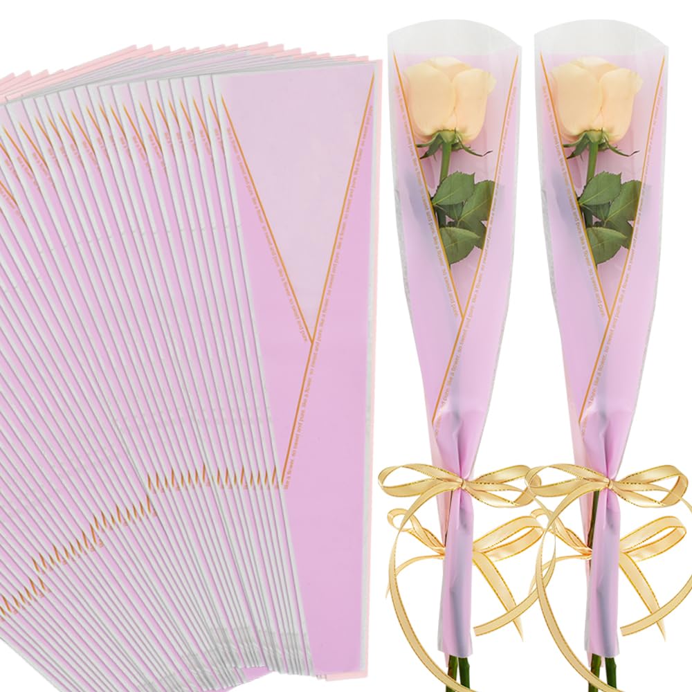 BEISHIDA 100PCS Single Rose Sleeve Single Flower Wrapping Bags Single Rose Packaging Cellophane Flower Sleeves for Florist Bouquet Supplies Mother's Day Valentine's Day (Pink and Gold Letter)