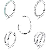 THUNARAZ 18G 16G Nose Rings Hoop for Women Men 5Pcs Surgical Steel CZ Opal Hinged Lip Nose Rings Daith Helix Cartilage Hoop Conch Rook Earrings Clicker Septum Body Piercing Jewelry 8mm 10mm
