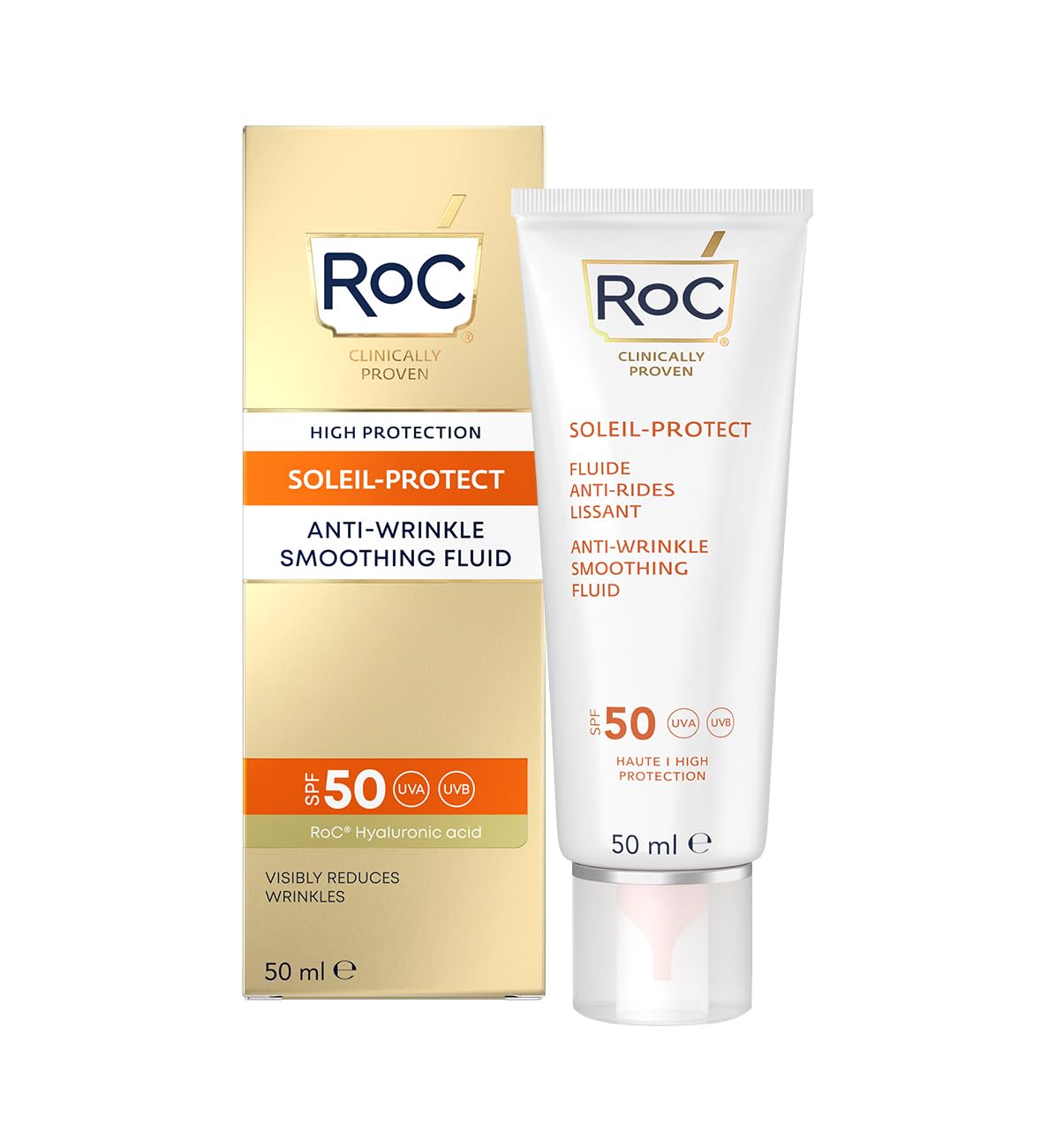 RoC Soleil-Protect Anti-Wrinkle Smoothing Fluid SPF50+ | Moisturiser with Hyaluronic Acid, Sun Cream for Face | 50 ml