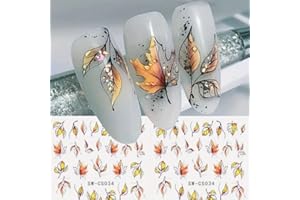 POWPOP Autumn Maple Leaf Nail Art Stickers Fall Leaf Nail Decals 6PCS Leaf Plant 3D Self-Adhesive Nail Art Supplies Decals Fall Sticker for Nails Holiday Manicure Accessories for Women Nail Art Decorations