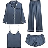 SWOMOG Women Satin Pajamas 4pcs Pajama Set Sexy Cami Shorts Set and Button Down Long Sleeve Pjs Loungewear Sleepwear Deep Grey,Small