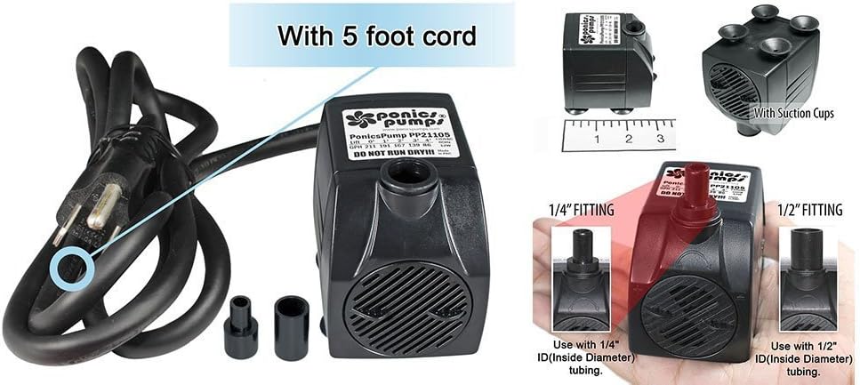 PonicsPumps Submersible Pump for Hydroponics, Aquaponics, Fountains, Ponds, Statuary, Aquariums & More. Comes with 1 Year Limited Warranty. (211 GPH : Fountain Kit) : Garden & Outdoor