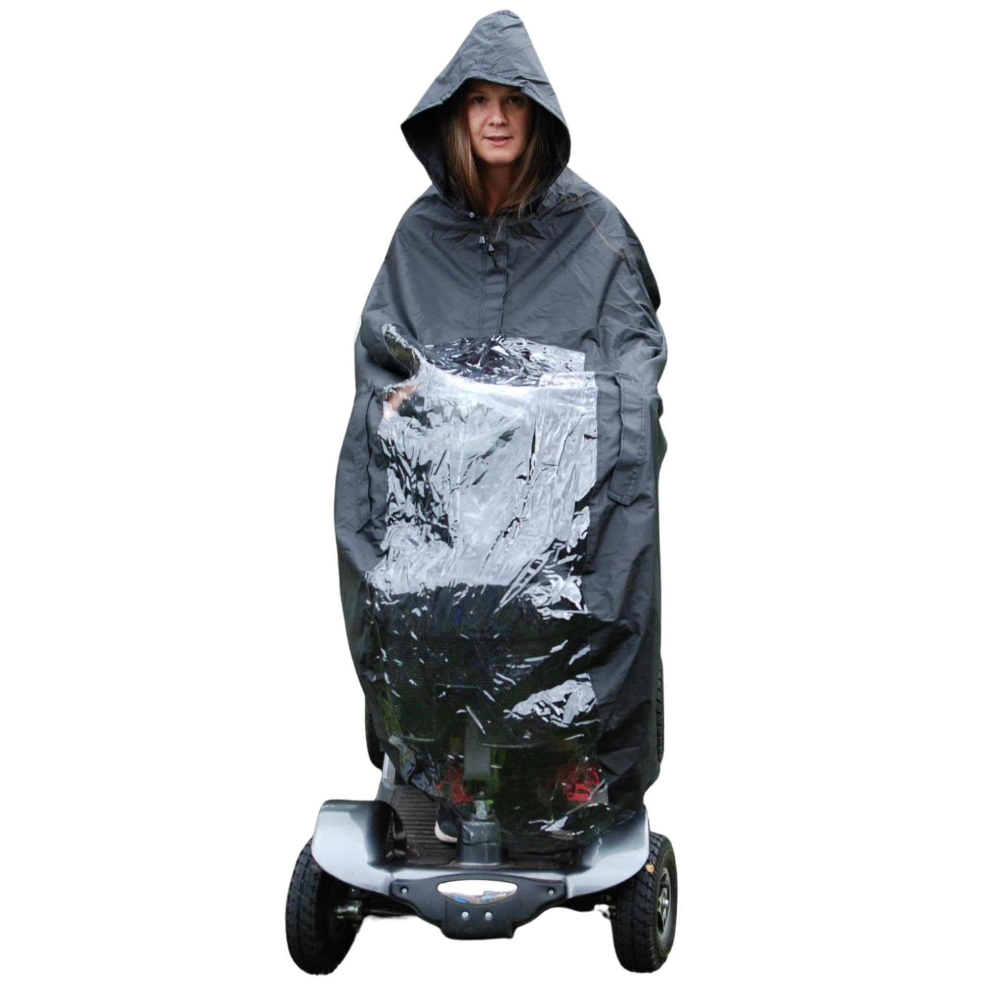 Speedwellstar Mobility Scooter Rain Cape Waterproof Windproof Full Length Poncho with Hood Hand Vents Clear Panel Reflective Strip Black