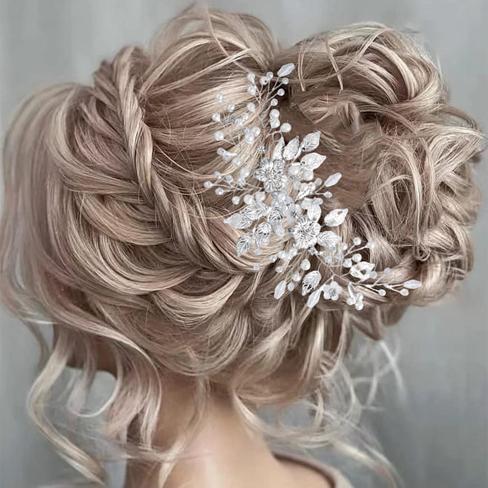 ISLHJDD Flower Wedding Pearl Hair Vine - Bridal Hair Vine Leaf - Bridal Hairs Accessories Bridal Headband Headpiece for Women and Girls (Silver A)