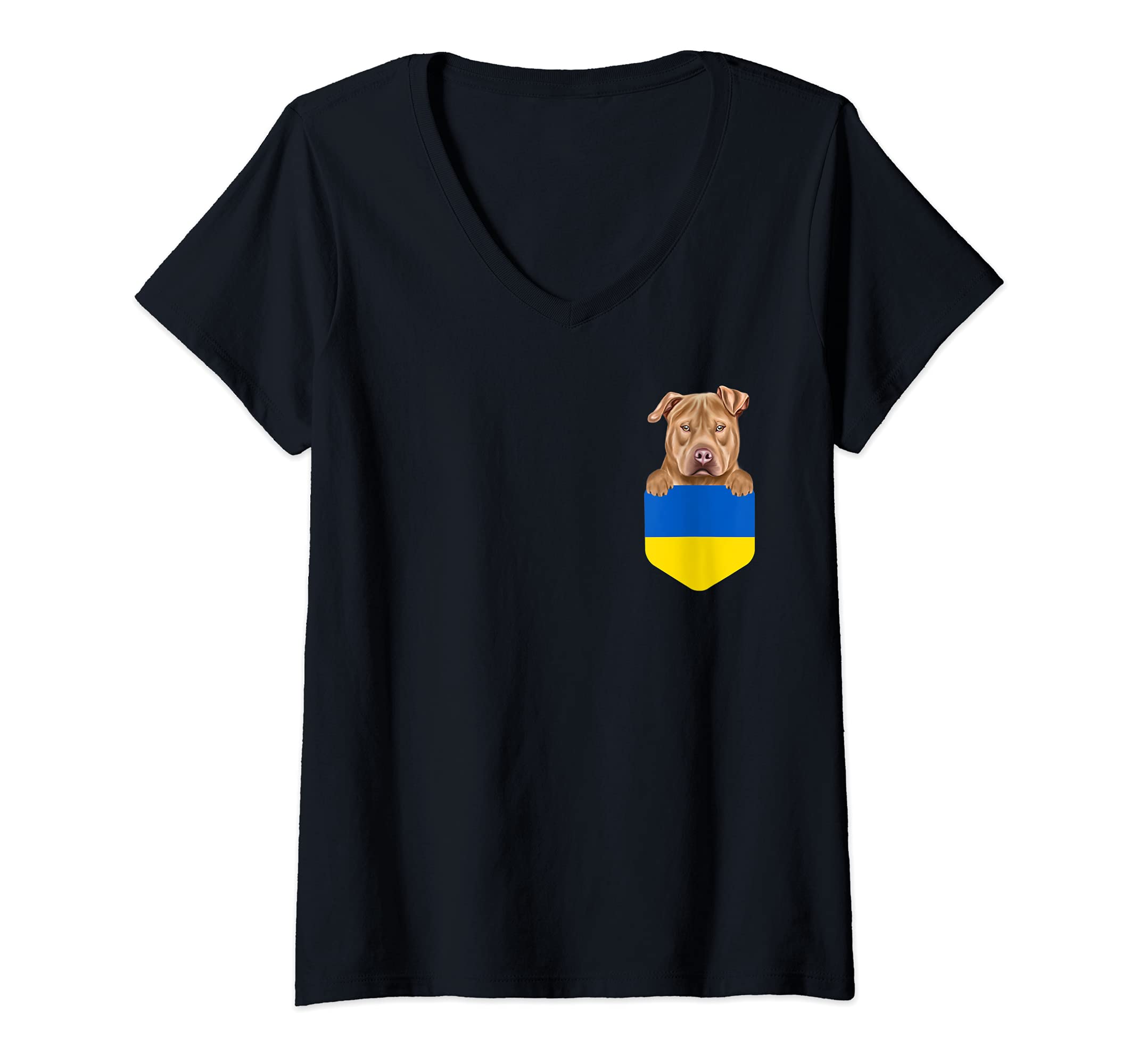 Womens Ukraine Flag Usa Staffordshire Terrier Dog In Pocket V-Neck T-Shirt