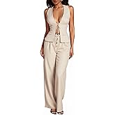 winkbay Women's 2 Piece Going Out Outfits Summer Tie Front Deep V Neck Top and Wide Leg Pants Set