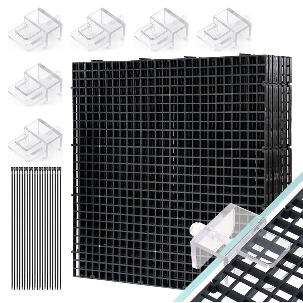 LINLAN Fish Tank Anti-Jump Set, Aquarium Lid, 8 Pieces 11.8x11.8in/30x30cm Plastic Grid with 6 Brackets and 20 Cable Ties, Cover for Rimless Aquarium(Black)