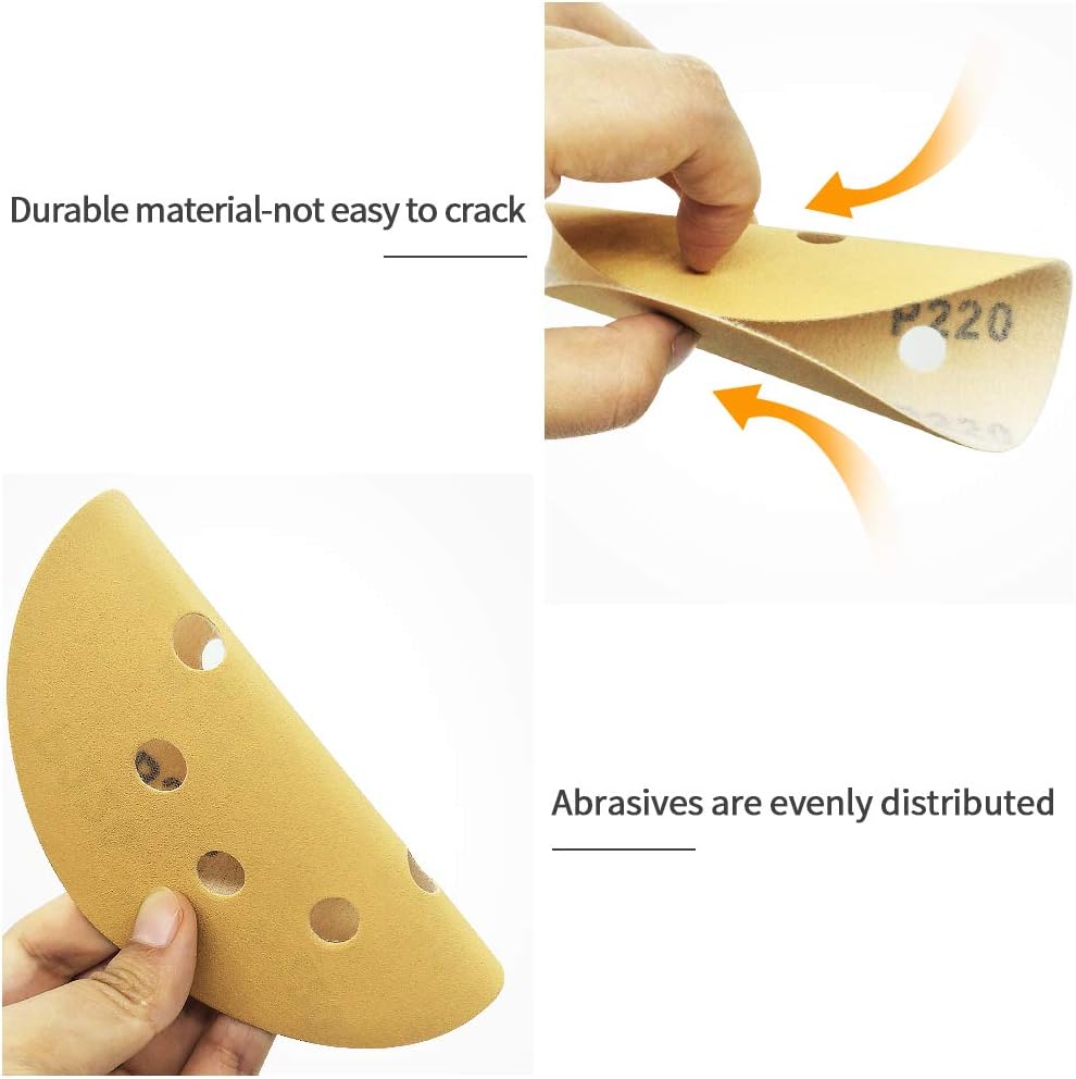 SPEEDWOX 100 Pcs 5 Inches 8 Hole Sanding Discs 220 Grit Dustless Hook and Loop Sandpaper for Random Orbital Sander Yellow Finishing Discs for Automotive Woodworking - Image 4