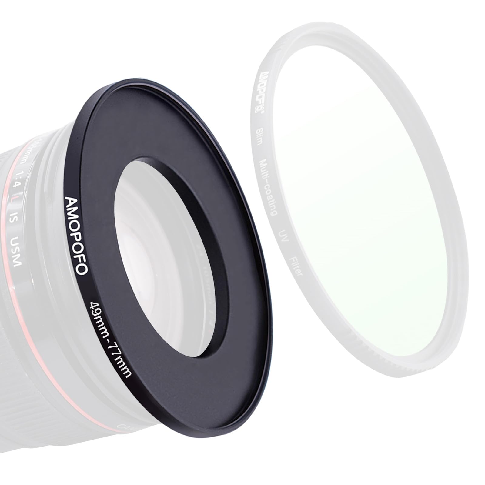 AMOPOFO 49mm to 77mm Step Up Ring Filter Adapter for canon Nik NEX M4/3 UV,ND,CPL, 49-77mm Step Up Ring Adapter — image 1