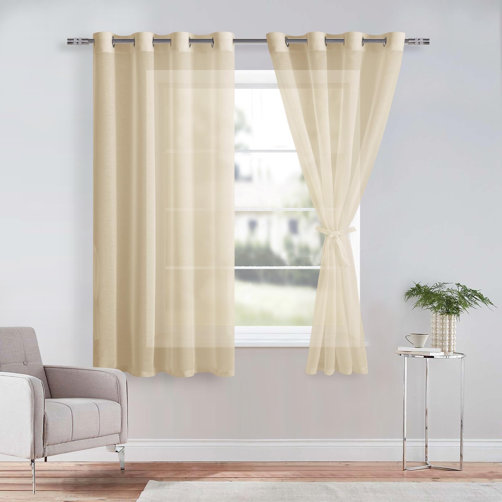 DWCN Beige Sheer Curtains with Tiebacks Semi Transparent Voile Grommet Curtains Elegant Window Curtains for Bedroom and Living Room,2 Panels,W56 x L54