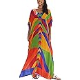 IMAGEKOPE Women's Plus Size Loose Fit Moroccan Print V-Neck Batwing Kaftan Beach Dress Bathing Suit Cover Up