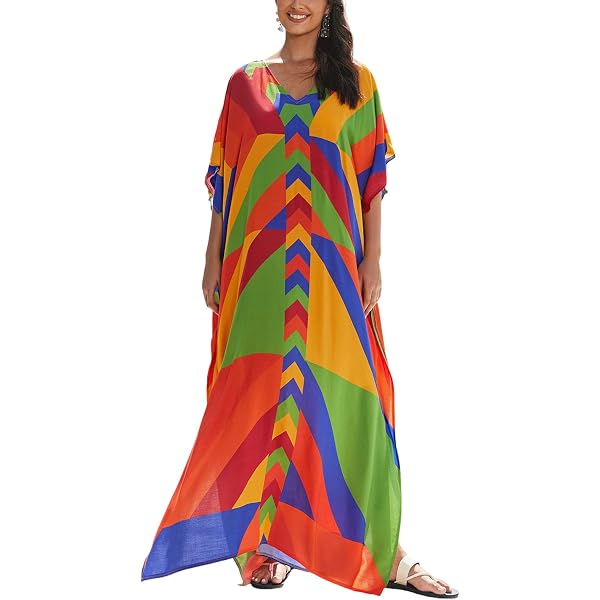 Mrs Roper IMAGEKOPE Women's Plus Size Animal Print V-Neck Batwing Kaftan Beach Dress Bathing Suit Cover-Up Loungewear, 8772-picture22, One Size Muumuu Dresses For Women