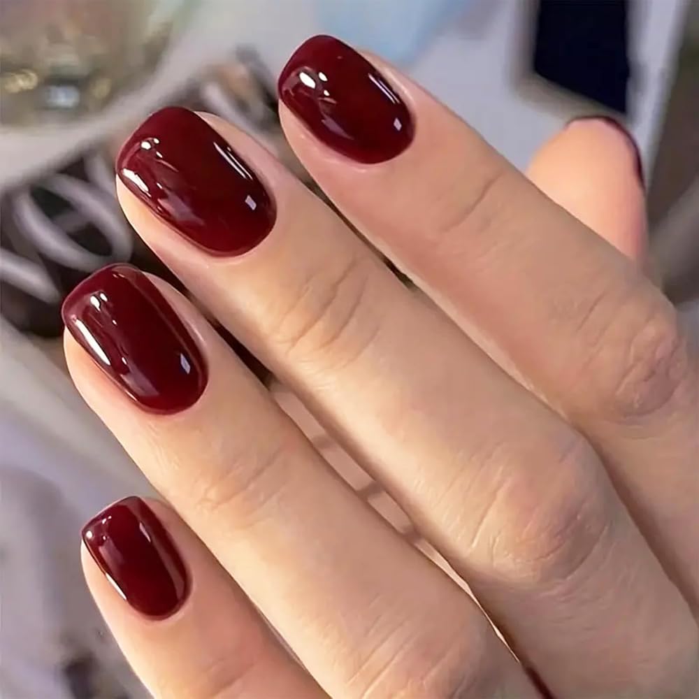 EONFAVE Wine Red Square False Nails 24Pcs Short Press On Nails