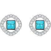 Reaii Natural Turquoise Halo Stud Earrings for Women 925 Sterling Silver Post Earrings with Genuine Turquoise Jewelry Gifts