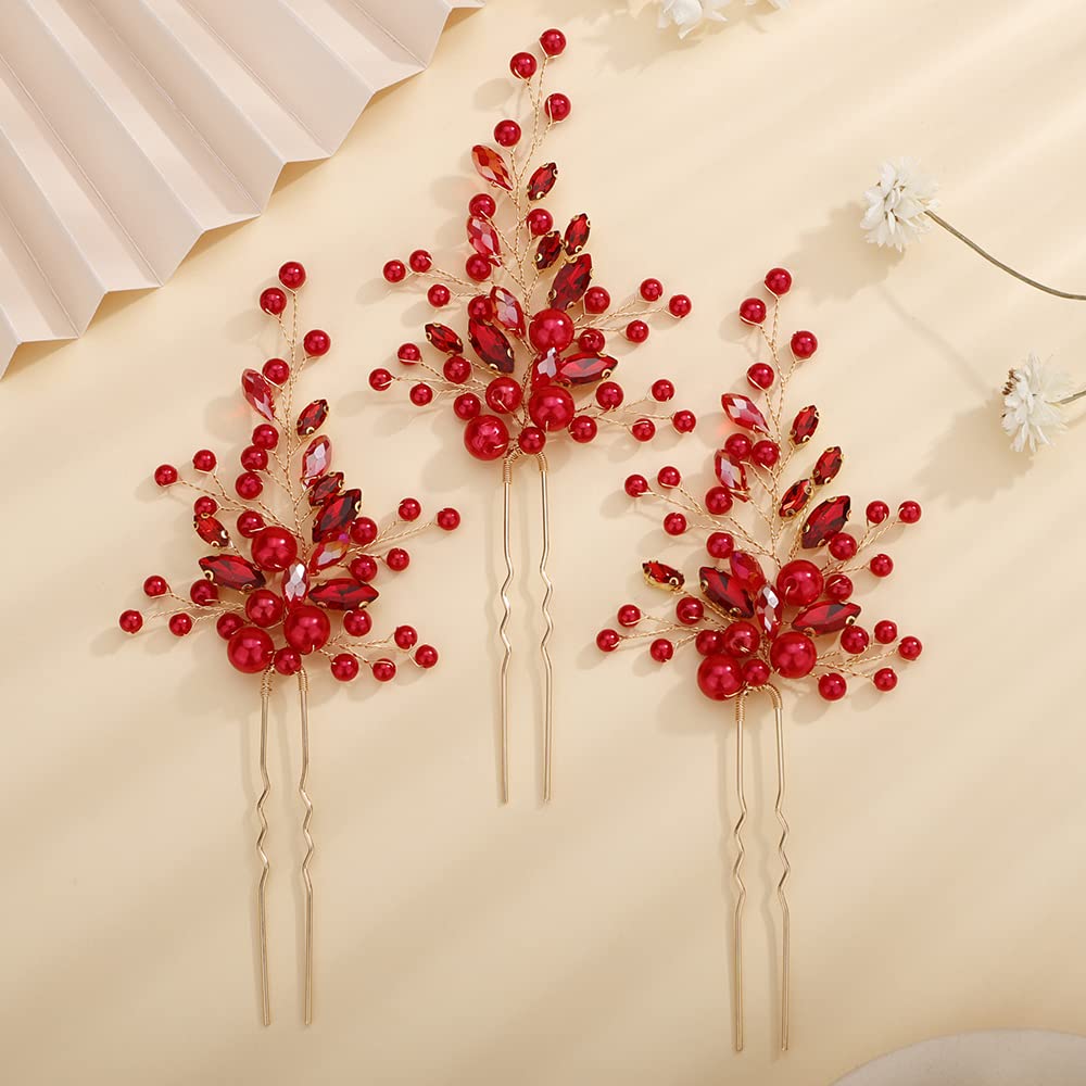 Chargances Bride Red Pearl Beaded Hair Pins Wedding Red Crystal Hair Pins Boho Dainty Handmade Hair Accessories for Women and Girls (Red, 3 count, 13cm*6cm/5.1in*2.36in)
