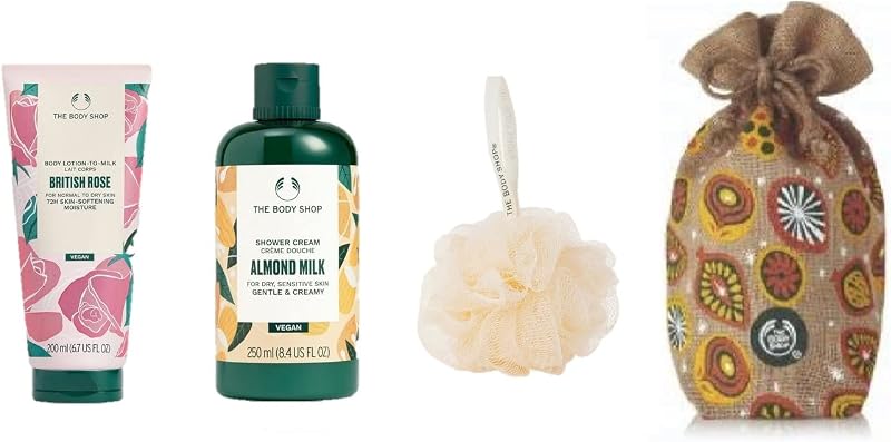 The Body Shop British Rose 4 Piece Body Care Gift Set Lotion Shower Gel Pouch