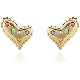 Cute Gold Heart Stud Earrings for Women 14K Gold Plated Dainty Love Heart Stud Earrings with Colorful Rhinestone Elegant Tiny Crystal Gold Heart Statement Earrings Trendy Jewelry Gift for Her